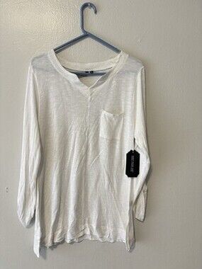 Time Four One White Knit V-Neck Roll Tab Long Sleeve Top Pocket XL Women's